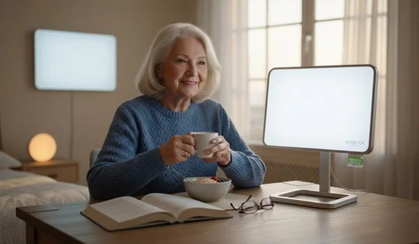 Une femme âgée est assise à une table avec une tasse, un bol de nourriture, un livre ouvert, des lunettes et une lampe de luminothérapie.