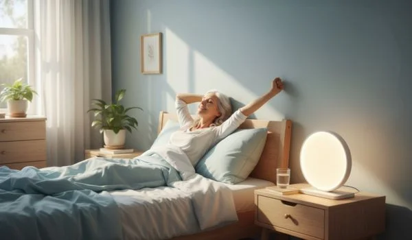 Une femme de 50 ans s'étire dans son lit, dans une chambre bleu clair agrémentée de plantes et d'une lampe de luminothérapie
