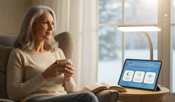 Une femme de 50 ans, tenant une tasse, est assise sur une chaise près d'une table où se trouvent un livre ouvert et une tablette