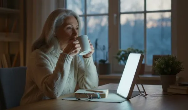 Femme senior en séance de luminothérapie pour traiter la dépression saisonnière