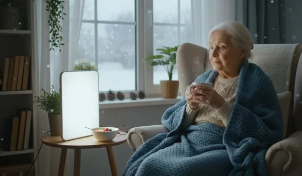 Une femme âgée, enveloppée dans une couverture bleue, est assise près d'une fenêtre avec une lampe de luminothérapie et une tasse.