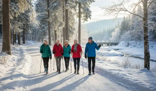Senior marchant en nature l'hiver pour retrouver de l'énergie