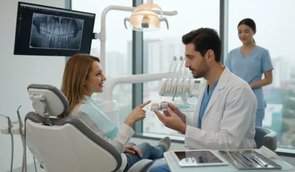 Patient échangeant avec son dentiste au sujet du choix d’une restauration