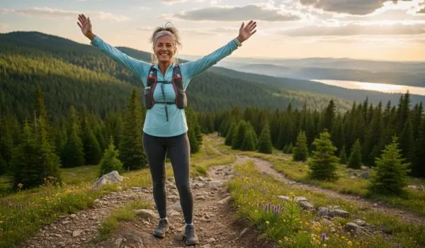 Coureur de plus de 50 ans souriant après une séance de course à pied réussie en nature