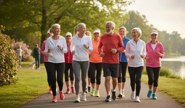 Groupe de coureurs seniors s'entraînant ensemble pour la santé et le bien-être