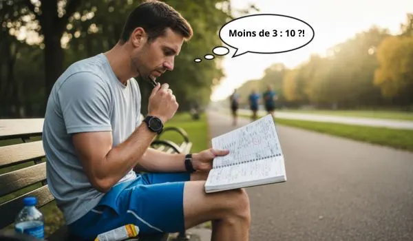 Coureur consultant son carnet d'entraînement pour estimer son temps sur marathon
