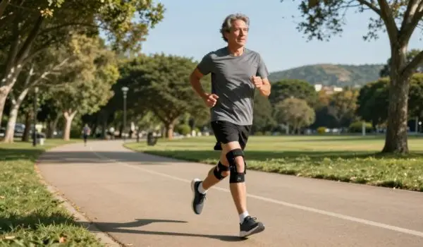 Coureur avec genouillère, prévention des douleurs aux genoux et au tendon d’Achille