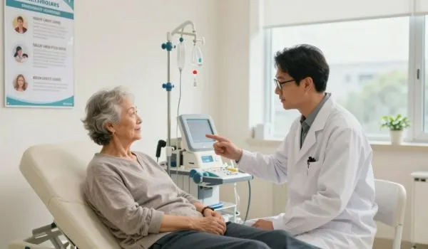 Infirmière vérifiant les constantes vitales d'un patient senior allongé pour prévenir les risques cardiovasculaires en dialyse.