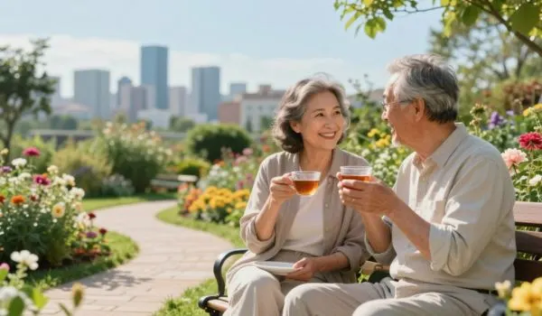 Couple de seniors heureux buvant du thé dans un jardin, illustrant une vie sociale active sous dialyse.