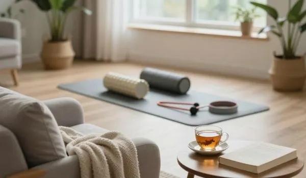 Espace de récupération à la maison avec rouleaux de massage et tapis