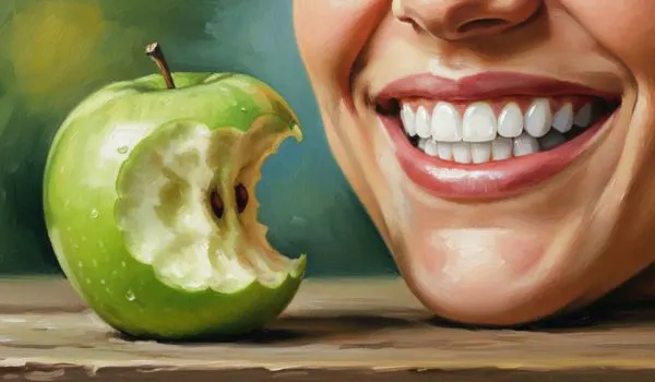 Sourire sain d'adulte et pomme verte, symbole d'une mastication efficace et d'une bonne santé dentaire senior.
