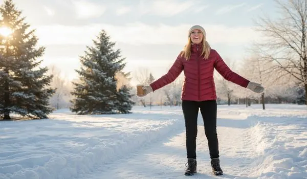 Senior souriante et plein d'énergie au soleil d'hiver
