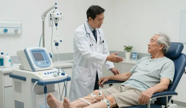 Discussion médicale entre un praticien et une patiente âgée concernant les choix entre hémodialyse et dialyse péritonéale.
