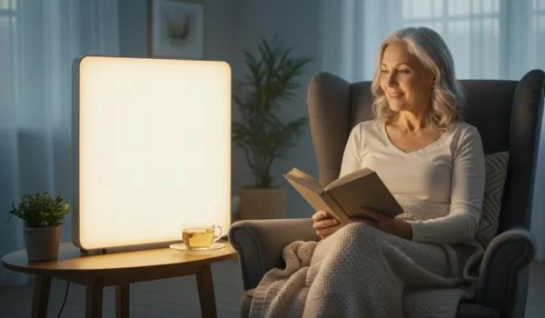 Femme assise dans un fauteuil, lisant un livre près d'une lampe de luminothérapie. Une tasse de thé est posée sur la table
