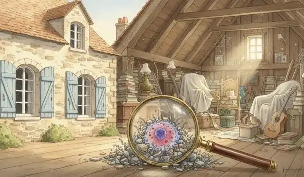 Maison vieillie avec grenier encombré symbolisant le vieillissement cellulaire après 50 ans
