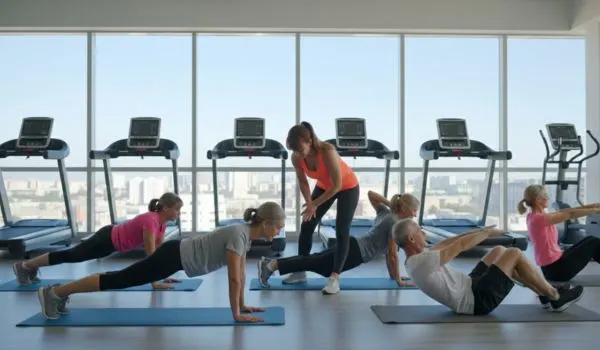 Scène dans une salle de sport lumineuse avec de grandes fenêtres et une rangée de tapis
roulants au fond ; plusieurs adultes font des exercices au sol sur des tapis