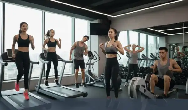 Groupe de personnes faisant du cardio en salle de sport pour affiner le visage et les traits