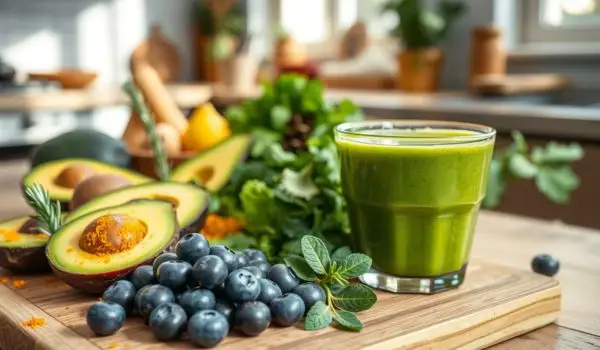 Smoothie vert, avocat et myrtilles sur un plan de travail, illustrant l’alimentation contre le visage gonflé