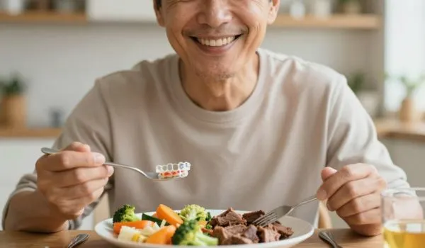 Homme mangeant un repas équilibré, aligneur transparent visible, illustrant l’adaptation après soin dentaire