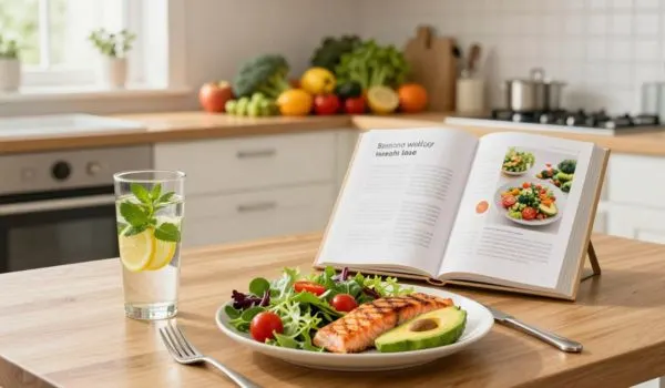 Assiette de repas sain sur une table poisson, avocat, légumes/salade, avec un verre d'eau
citronnée et un livre de recettes ouvert à côté.
