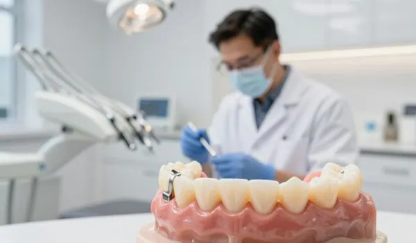 Dentiste masqué préparant un soin au cabinet, maquette de dents au premier plan