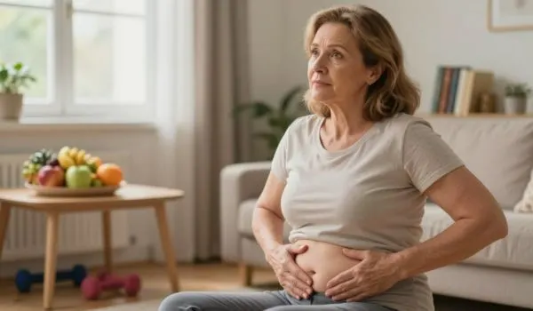 Femme d'âge mûr assise dans un salon lumineux, les mains sur le ventre, expression préoccupée ;
sur une table au fond, des fruits et des haltères