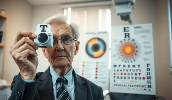 Examen de la vue en consultation, illustration des risques de DMLA et de maladies de la rétine