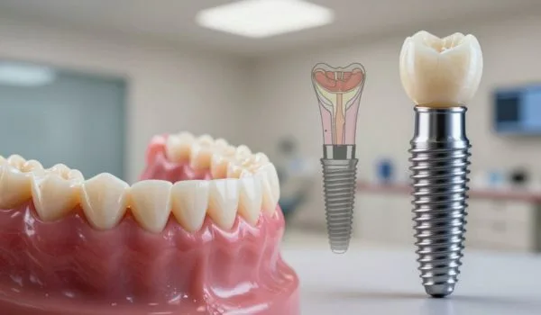 Implant dentaire et couronne présentés à côté d’un modèle de dentition, comparaison visuelle claire