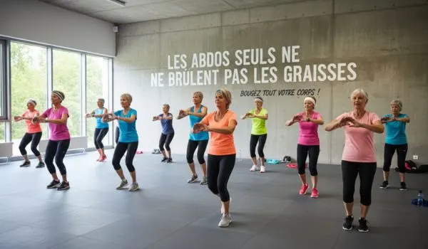 Groupe de personne plus de 50 ans faisant une séance de cardio en salle (type cours collectif) avec un mur au fond
portant un message en français indiquant que les exercices abdominaux seuls ne brûlent pas la graisse