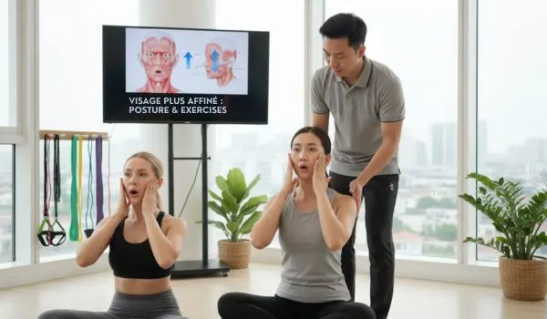 Séance bien-être avec professionnels et patient, illustrant activité physique et posture pour un visage plus fin