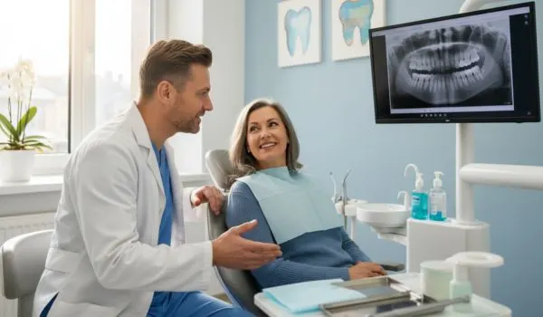 Un dentiste explique une radiographie dentaire à une patiente dans un cabinet dentaire