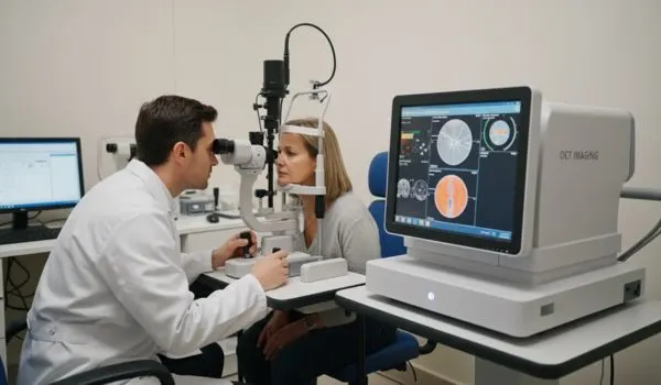 Consultation ophtalmologique avec examen, illustration du dépistage du glaucome et de la tension oculaire