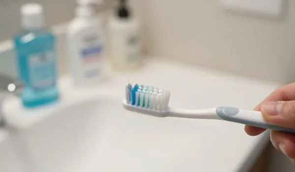Brosse à dents tenue devant un lavabo, accessoires d’hygiène bucco-dentaire flous à l’arrière