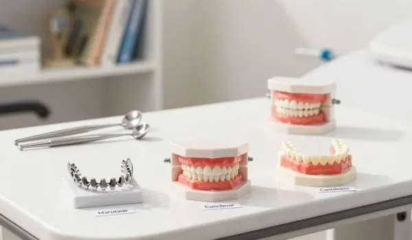 Plusieurs maquettes de bridges dentaires sur une table, étiquettes indiquant différents types de prothèses