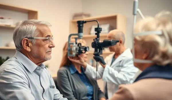 Scène d’examen de la vue et matériel d’optique, pour illustrer le dépistage et le suivi