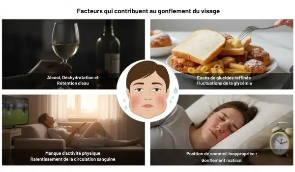 Infographie sur les facteurs du gonflement du visage, alcool et déshydratation, excès de glucides raffinés, manque d’activité, mauvaise position de sommeil