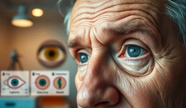 Senior réalisant un test de vision, illustration des pathologies oculaires fréquentes après 50 ans.