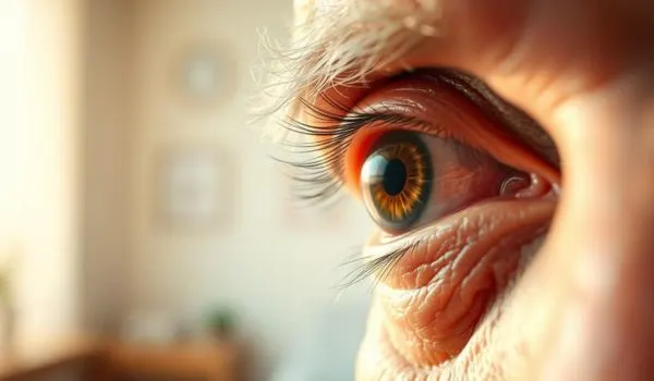 Œil en gros plan illustrant des symptômes d’alerte (vision floue, halos, voile)