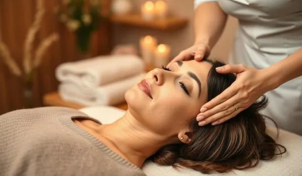 Massage du visage en institut, illustrant le drainage lymphatique pour réduire le visage gonflé
