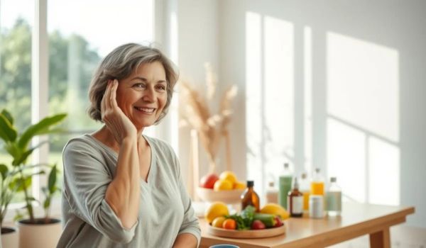 Femme souriante dans une cuisine avec aliments frais, illustrant une alimentation anti-inflammatoire pour affiner le visage