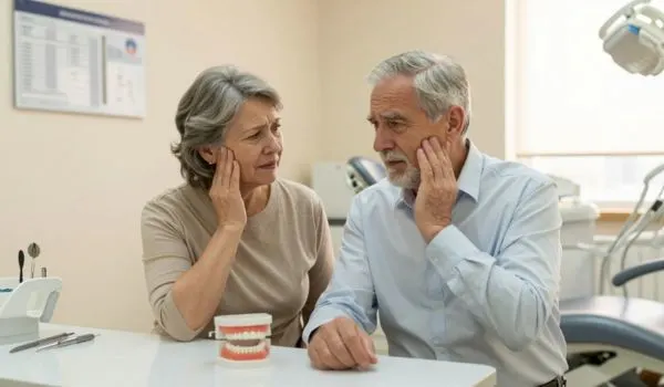 Couple senior en consultation dentaire, mains sur la joue, modèle de dentition posé sur table
