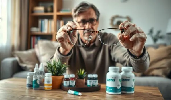 Personne manipulant des lunettes et produits de soin, illustration des habitudes de protection et de confort visuel