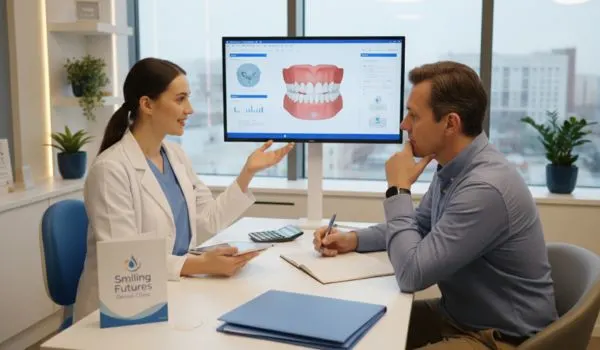 Dentiste discutant avec un patient en cabinet, explication des options et du budget de soins