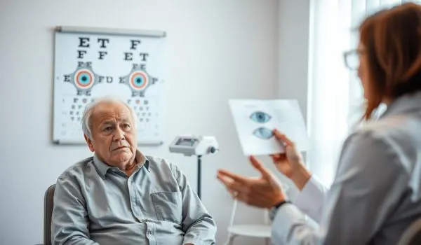 Patient examiné en consultation ophtalmologique, illustration d’une situation d’urgence