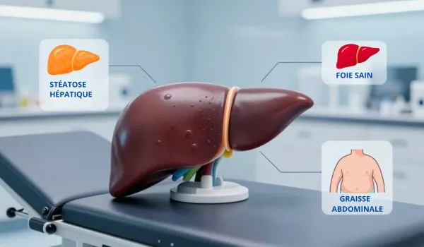 Illustration/infographie d'un foie sur fond neutre avec des libellés « stéatose hépatique »,
« foie sain » et « graisse abdominale ».