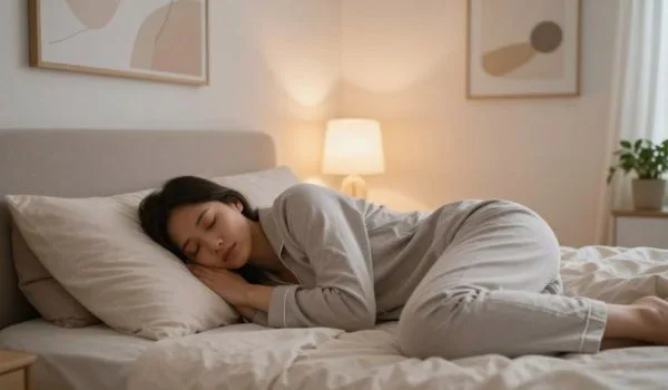 Une femme dort sur le côté dans un lit, lumière douce et ambiance calme de chambre