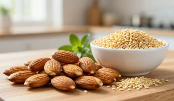 Amandes naturelles + bol graines sésame blanches, feuilles vertes décor, table bois