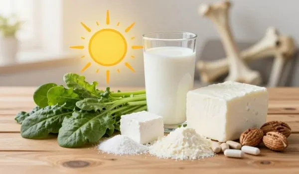 Lait verre, légumes verts blette épinard, soleil jaune, os squelette, compléments