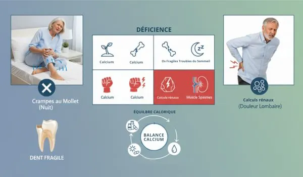 Femme 60 ans crampes mollet nuit + homme lombaires douleurs calcul rénal + tableau comparatif carence/excès (icônes crampes/calculs/reins) + balance calcium
équilibre + dent fragile