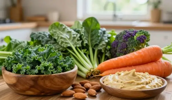 Bol bois chou frisé kale vert, carottes orange, blette épinard, amandes, bol tahini beige, table cuisine bois
